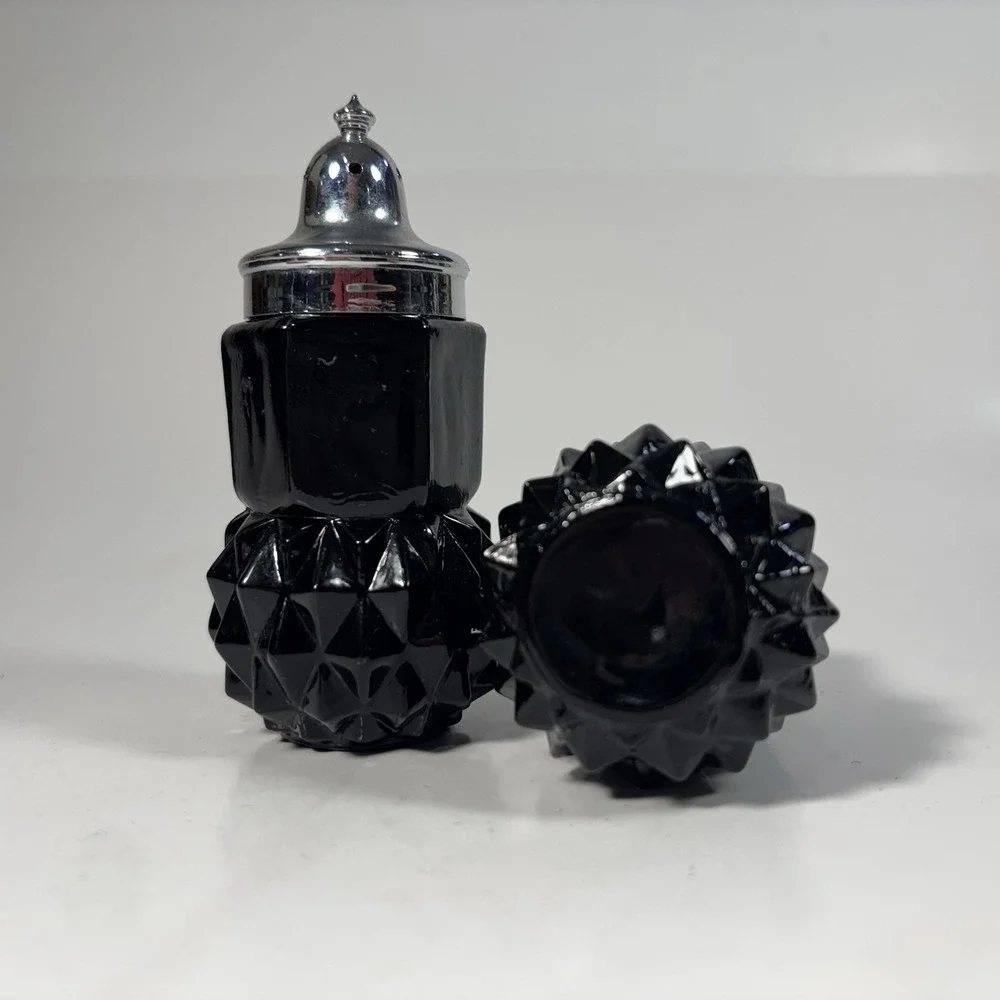 Set of Tiara Black Pressed Glass Salt N Pepper Shakers with Only One Chrome Lid
